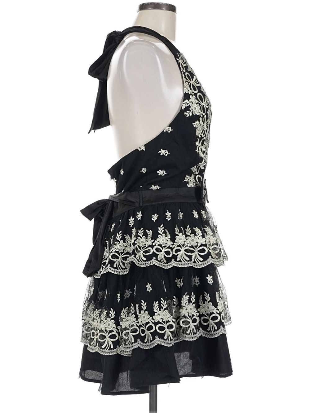 MABLE Black Ivory Embroidered Lace Halter Tiered Ruffle Mini Dress Backless Med. - Picture 3 of 7